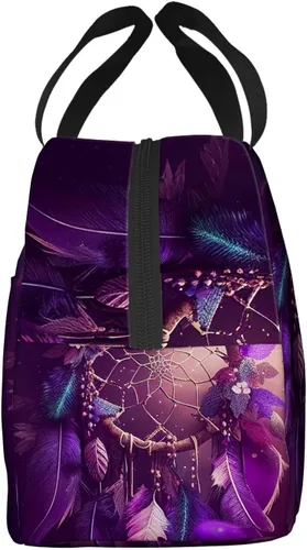 Vista 3 de OOZ Bolsa de almuerzo aislada para mujeres y hombres, atrapasueños con estrellas moradas, reutilizable, a prueba de fugas, linda lonchera