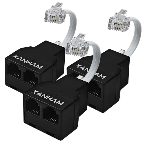 Vista 9 de Cable RJ11 Divisor de 3 vías, conector 6P4C, adaptador de cable de línea telefónica con cable de 3 pulgadas para cable de teléfono fijo, negro