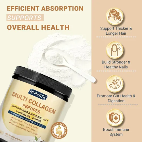 Vista 6 de DRFOSTER Péptidos de colágeno de vainilla en polvo para mujeres y hombres, colágeno multi tipo I II III V X con multivitaminas y minerales