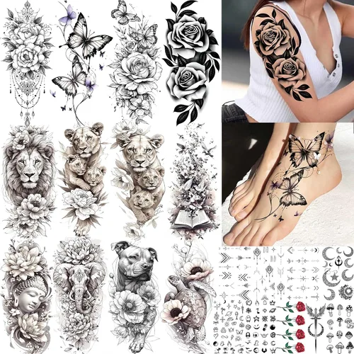 Vista 12 de COKTAK 6 Piezas/Lote Adhesivos Temporales Únicos de Henna Negra para Adultos, Mujeres, Niñas, Pluma, Mandala, Flor, Arte Corporal, Tatuajes Grandes
