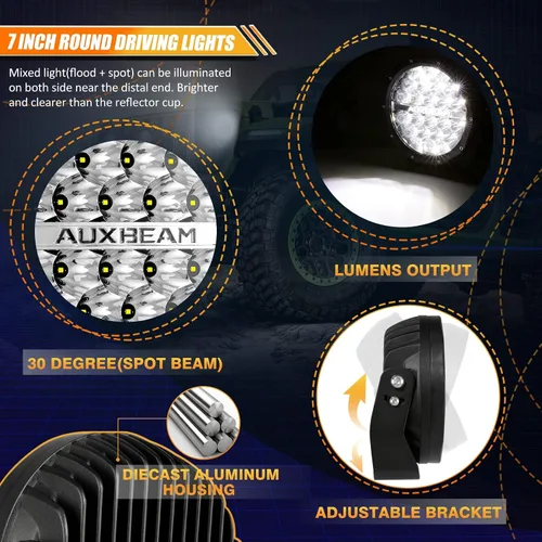 Vista 3 de Auxbeam Kit combinado de luces de conducción redondas de 7 pulgadas con cubiertas negras, 240 W, 24000 lúmenes, luces LED impermeables para todo