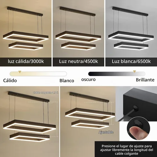 Vista 8 de Candelabros modernos para sala de estar, 2 anillos rectángulos, lámpara colgante de isla de cocina, lámpara LED regulable para comedor y dormitorio