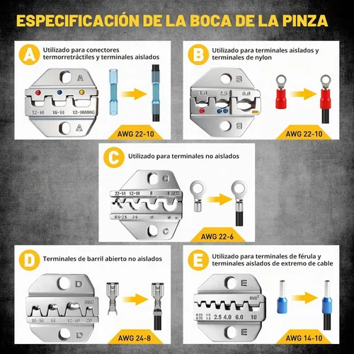 Vista 5 de Kit de herramientas de crimpado de alambre de trinquete de 200 piezas, alicates de crimpado de virola con 5 mordazas intercambiables, crimpadora