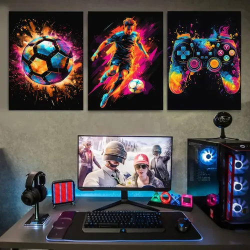Vista 5 de BGFCE Arte de Lienzo de Pared para Gaming, Pinturas de Arte de Controlador de Juego con Salpicaduras de Tinta de Color, Pósteres para Estética