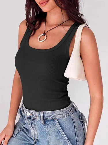 Vista 3 de ANRABESS - Camiseta sin mangas de cuello redondo para mujer, bonita, acanalada, ajustada, prenda básica de verano Negro