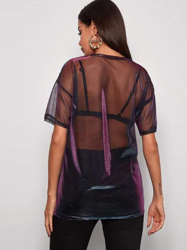 Vista 2 de Floerns Blusa de manga corta para mujer con malla transparente