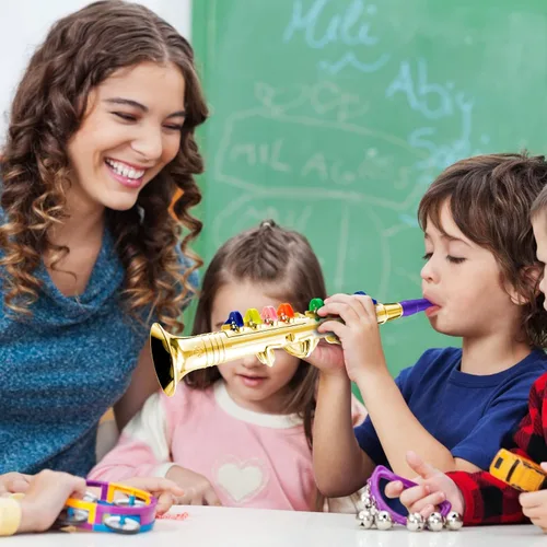 Vista 5 de Lewtemi Juego de 2 instrumentos musicales de juguete que incluye saxofón + 8 teclas de saxofón dorado instrumentos musicales de plástico para niños