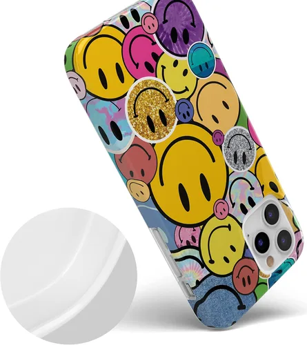 Vista 4 de Casely Funda para iPhone 12/12 Pro Todas las Sonrisas Adhesivo de Cara Sonriente Diseño Clásico Ultra Delgado