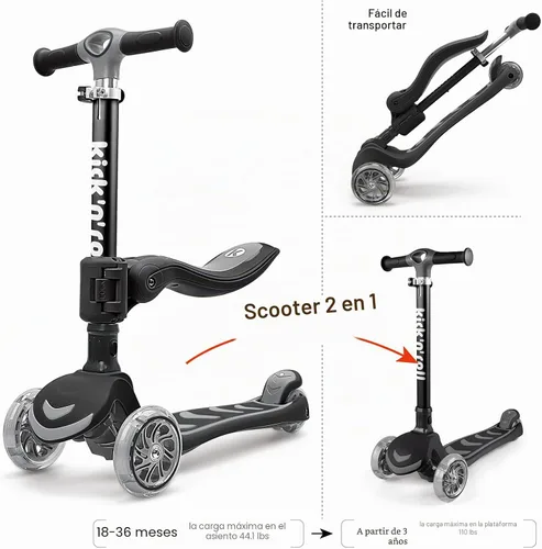 Vista 2 de Kicknroll Toddler Scooter for Kids with Seat Light up 3 Wheels Scooters Foldable Seat, Adjustable Height, Extra Wide Deck, Rear Foot Brake, Max