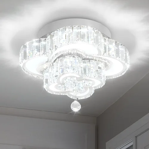 Vista 6 de Flashing God Mini Candelabros de Cristal de 12'' de Diámetro Plateados Lámpara de Techo LED Moderna de Montaje Empotrado con Cristales Lámpara