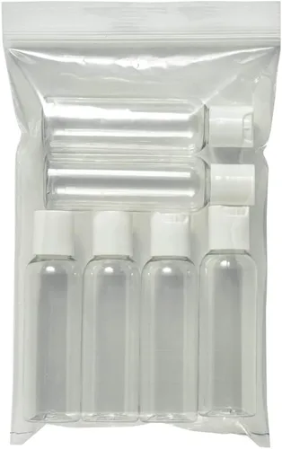 Vista 5 de TSA - Botellas vacías de plástico transparente de 2 onzas con tapa superior de disco blanco, sin BPA, juego de 6, tamaño de viaje de 2 onzas
