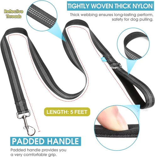 Vista 2 de BAAPET Correa de nailon para perro de 5 pies con triple hilos reflectantes y cómodo mango acolchado para caminar, entrenar cachorros pequeños Negro