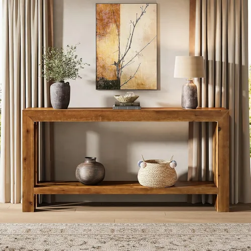 Vista 6 de Mesa consola de entrada de madera maciza de 63 pulgadas, mesa de sofá estrecha de granja detrás del sofá con almacenamiento de 2 niveles