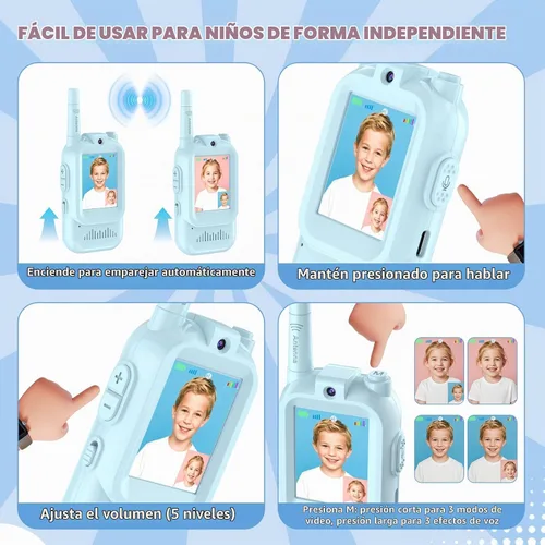 Vista 5 de Walkie Talkie de video para niños, paquete de 2 walkie talkie recargables con cámara de pantalla, chat Facetime de largo alcance, juguetes