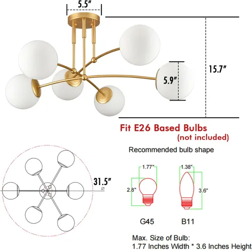 Vista 6 de CLAXY - Lámpara de techo dorada de mediados de siglo, semiempotrada, lámpara de globo de ópalo Dimmable 6-Light Sputnik Ceiling Chandelier E26