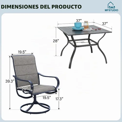 Vista 9 de MFSTUDIO Juego de comedor de patio para 4 con mesa cuadrada de metal y Marrón Grisáceo