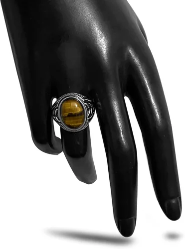 Vista 4 de Anillo de piedra de ojo de tigre amarillo genuino para hombres y mujeres, retro vintage de cristal de cuarzo turco joyería para ella y él