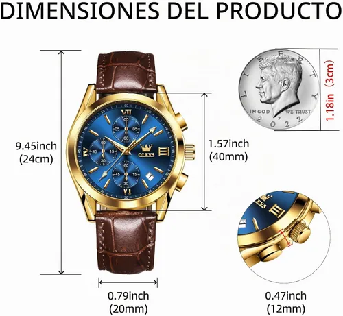 Vista 4 de OLEVS Watch Men Leather Chronograph Waterproof Luxury Dress Analog Quartz Azul