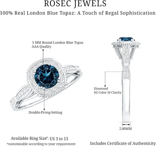 Vista 6 de 0.5 Ct London Blue Topaz Ring with Diamond, Aaa Quality 10K oro blanco