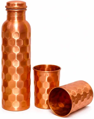 Vista 2 de MAGGOT Copper Water Bottle With 2 Glass Tumbler Ayurvedic Drinking 34 Oz