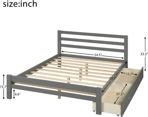 Vista 2 de Cama de plataforma de madera, marco de cama de tamaño completo con cabecero y estribero/listones de madera/dos cajones de almacenamiento