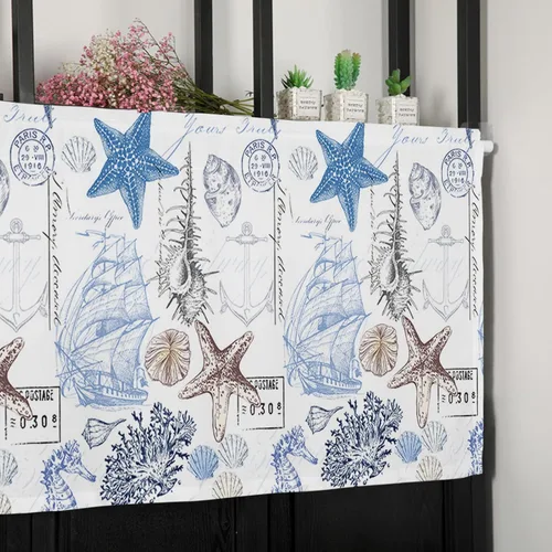 Vista 7 de Cortinas de cenefa costera para dormitorio, sala de estar, estrellas de mar náuticas, algas azules, persianas romanas para ventanas, cortinas