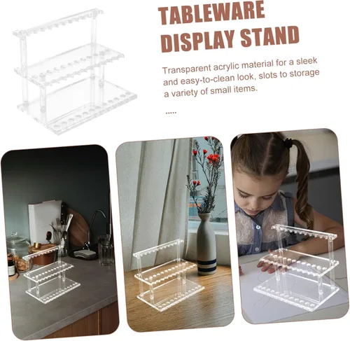 Vista 8 de PRETYZOOM Soporte acrílico para utensilios de 24 ranuras, organizador de papelería y utensilios de escritorio, estante de exhibición de vajilla