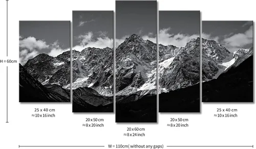 Vista 7 de Lienzo decorativo para pared, diseño de montaña en blanco y negro, paisaje de montaña, 5 piezas, impresiones sobre lienzo, arte moderno con marco