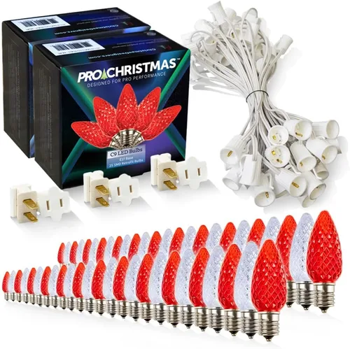 Vista 63 de Pro Christmas - Kit de luces C9 para exteriores, blanco cálido, cable verde, 50 bombillas, 50 pies