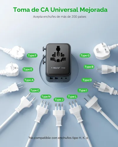 Vista 7 de MOMAX 70W Adaptador de viaje universal 7 en 1 GaN Adaptador de corriente internacional Negro
