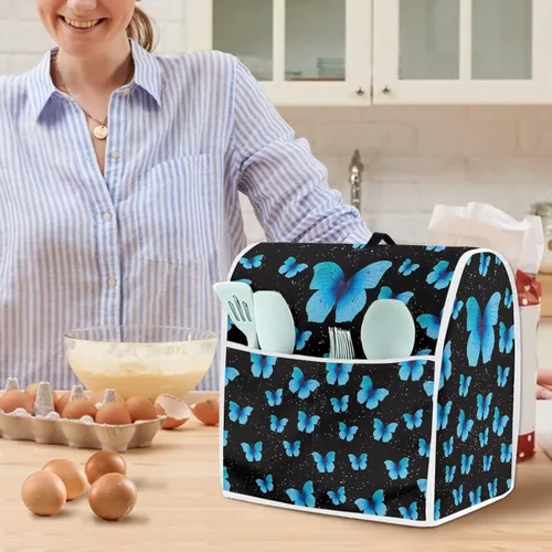 Vista 4 de Veniyate Cubierta de mezclador de ayuda de cocina con estampado de mariposas azules, a prueba de polvo, con bolsillos de almacenamiento de Mariposa