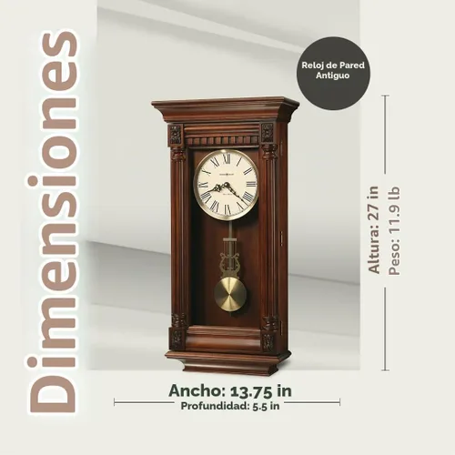 Vista 3 de Howard Miller Lewisburg - Reloj de pared de madera Péndulo de lira, campanilla Westminster, números romanos, funciona con pilas, decoración