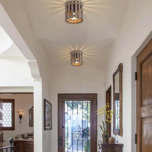 Vista 7 de Lámpara de techo de montaje empotrado de granja, lámpara de madera cerca del techo, accesorios de iluminación rústicos de pasillo para cocina
