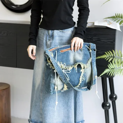 Vista 8 de Ruofuna Bolso cruzado de mezclilla grande vintage para mujer, bolso de hombro con cremallera, bolso de mensajero casual para la escuela