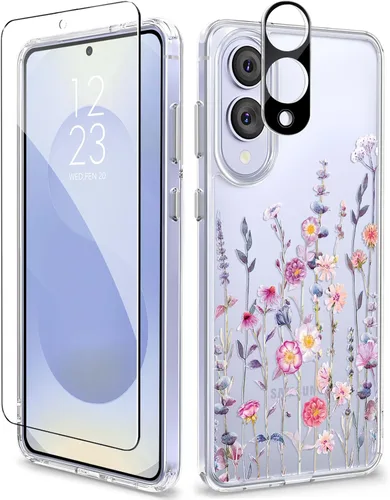 Vista 13 de GVIEWIN Funda protectora para Samsung Galaxy S25, transparente floral, delgada, a prueba de golpes, para mujer, no se pone amarilla, con protector