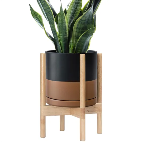 Vista 55 de D'vine Dev Maceta de cerámica con soporte de ébano – Maceta redonda moderna de 8 pulgadas con soporte para maceta de madera, color negro, 55-B-M-2