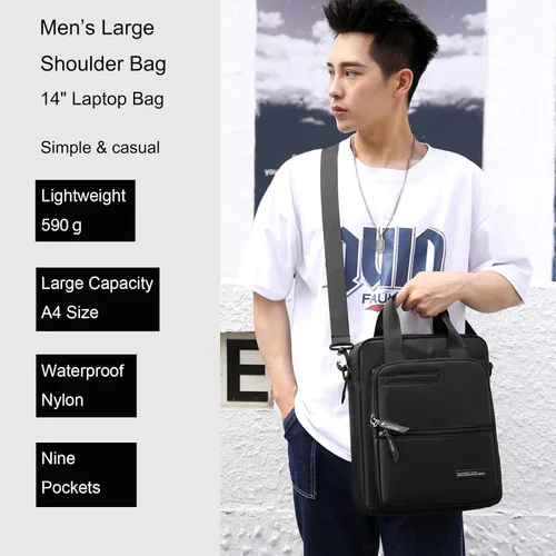 Vista 2 de zhongningyifeng Bolso bandolera para portátil de 14 pulgadas para hombre, de nailon, grande, impermeable, casual, negro, para trabajo, viajes, al
