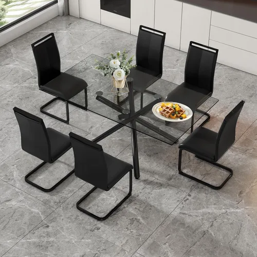 Vista 38 de Juego de 6 mesas de comedor de cristal, moderno juego de mesa de comedor de vidrio templado rectangular transparente de 71 pulgadas y 6 sillas