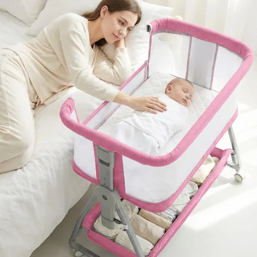 Vista 11 de Cuna de Bebé para Colocar al Lado de la Cama con Ruedas, Cuna Portátil 3-en-1 para Recién Nacido, Cuna de Dormir Lateral con Altura Ajustable