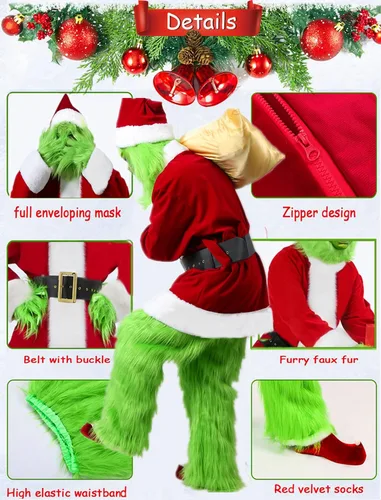 Vista 2 de Christmas Green Monster Costume Adult, 8PCS Green Santa Suit Deluxe Furry Santa Costume Set Luxury Santa Outfit