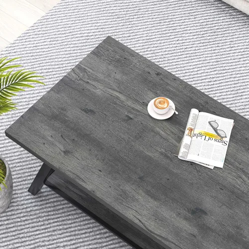 Vista 4 de EXCEFUR Mesa auxiliar, mesa central de madera industrial y metal para sala de estar, mesa de té rectangular de cóctel con estante de almacenamiento