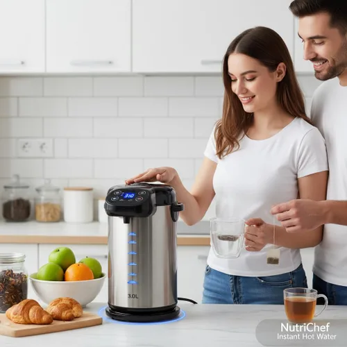 Vista 2 de NutriChef Hervidor Eléctrico de Agua y Calentador - Dispensador Eléctrico de Agua Caliente de Acero Inoxidable de 3L/3.17 Qt con Base Giratoria