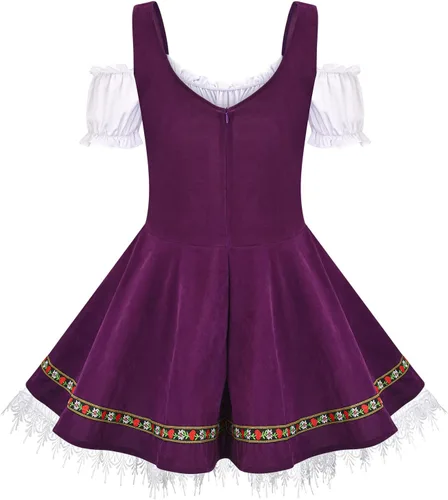 Vista 2 de CRNTCEM Vestido de Oktoberfest para Halloween, disfraz de sirvienta de cerveza, corsé, hombros descubiertos, Dirndl, festival, cosplay, vestido