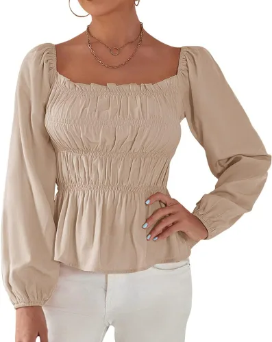 Vista 3 de LYANER Women's Frill Smock Retro Square Neck Long Sleeve Shirred Blouse Tops
