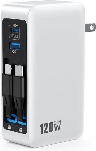Vista 8 de Bloque de cargador USB C de 120W con 2 cables retráctiles integrados, cargador GaN IV 4 en 1 de carga rápida con enchufe plegable, cargador