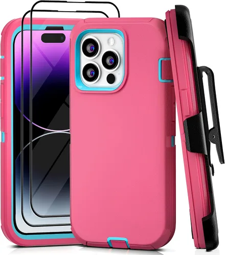 Vista 44 de Funda para iPhone 13 con 2 protectores de pantalla, resistente de grado militar, funda de cuerpo completo para hombres y mujeres (aguamarina + rosa)