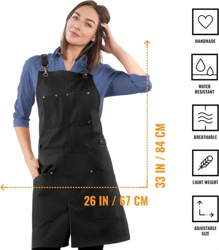 Vista 2 de Under NY Sky Delantal de cuero – correas cruzadas, pierna dividida, remachado, forrado – Piel auténtica para barberos, chef, camarero, barista Negro