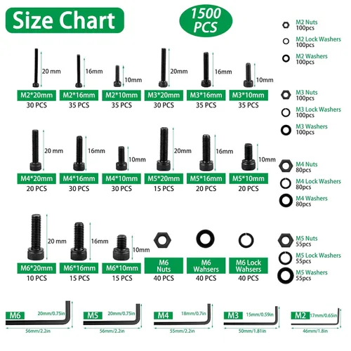 Vista 4 de 1500PCS Screw Assortment Kit, M2-M6 12.9 Alloy Steel Hex Socket Cap Bolts