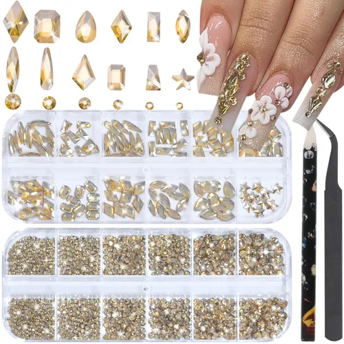 Vista 24 de Diamantes de imitación para uñas, tamaño 3D multiforma, gemas y dijes de cristal AB para uñas, parte trasera plana, con kit para arte de uñas