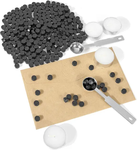 Vista 4 de Yoption - Juego de 300 cuentas de cera octágona, con 2 cucharas de fusión y 4 velas para sobres de invitación de boda, envoltura de regalo (negro)
